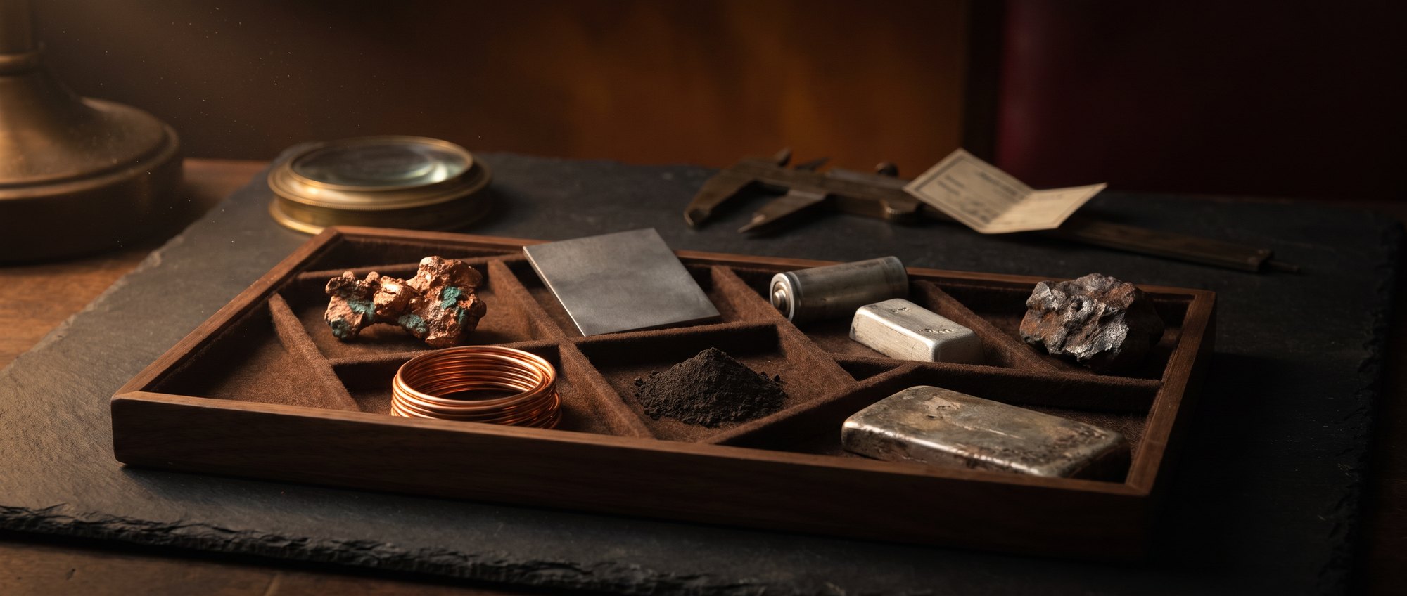 Specimen tray holding a copper nugget, coiled copper wire, a titanium plate, rare earth oxide powder, a battery cell, a platinum ingot, a silver bar and a lump of iron ore