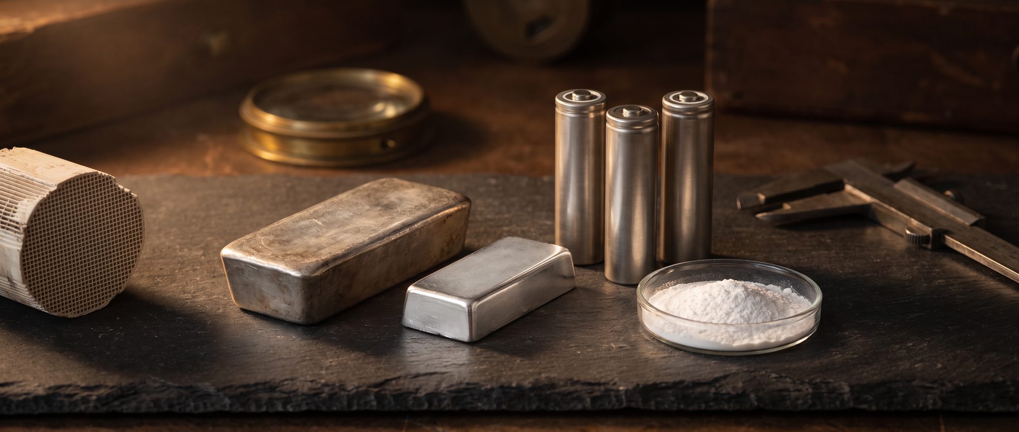 Still life of a silver bar, a platinum ingot, three cylindrical battery cells and a dish of white lithium carbonate powder on dark slate