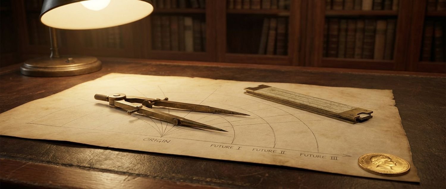 Brass drafting dividers and slide rule on parchment chart paper with diverging pencil-drawn forecast lines